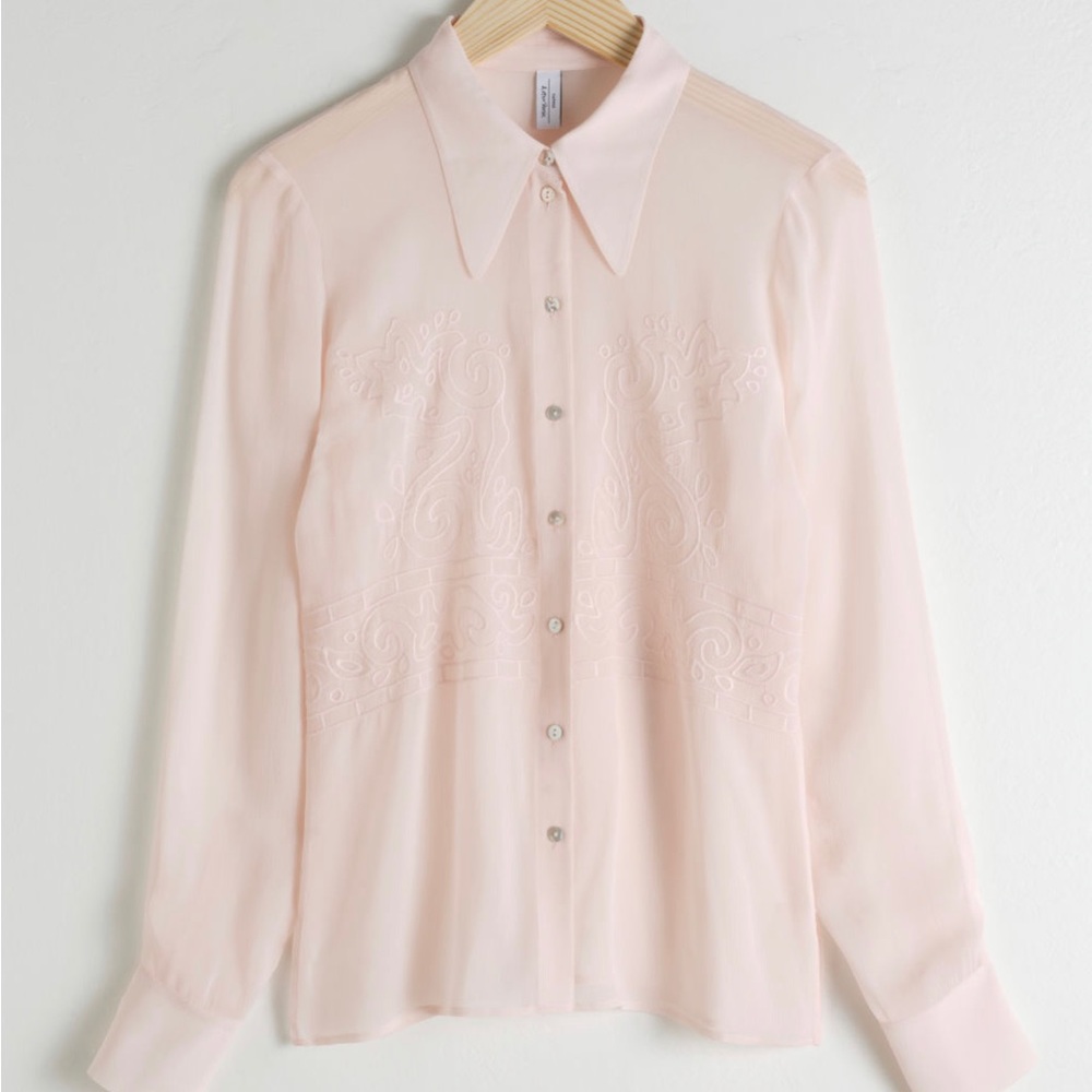 & Other Stories Pale Pink Sheer Embroidered Button-Up Blouse